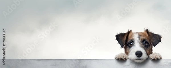 Fototapeta Banner with free copy space for text - cute little dog on white background.
