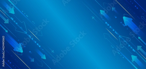 Obraz Blue background consisting of horizontal stripes of arrows, square particles, and light blue lines. Vector technology design for banner or presentation. Data transfer, Internet communications.