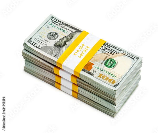 Obraz Creative business finance making money concept - stack of bundles of 100 US dollars 2013 edition banknotes bills isolated on white
