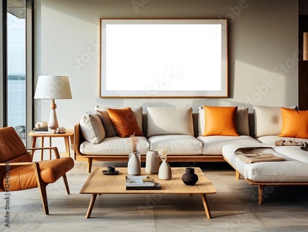 Obraz Frames mockup, couch and frames mockup, living room photo mockup, picture frame template AI Generated