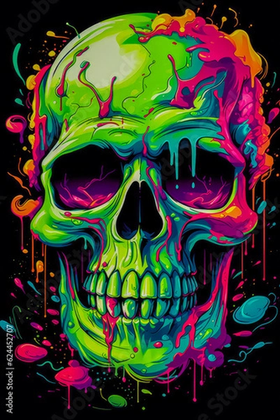Fototapeta Luminous Enigma Abstract 3D Skull in Neon Colors, Inspired by Memphis Design