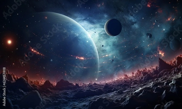 Fototapeta Space. Orion Nebula, black holes, explosion of planets and sun. Stars, universe, flashes of light. Flying planets in space.AI generation.