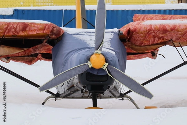 Fototapeta A small aircraft in winter in the snow at the airfield