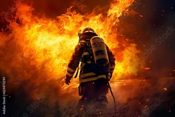 Fototapeta fireman using water and extinguisher to fighting with fire flame in an emergency situation., under danger situation all firemen wearing fire fighter suit for safety. digital art | Generative AI