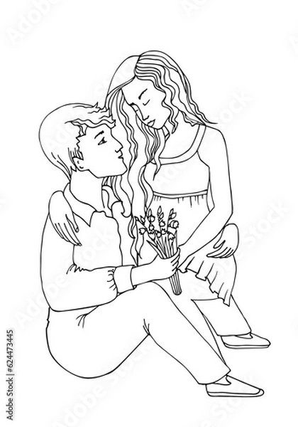 Fototapeta Couple sitting together. Woman and man. Coloring page. Sketch line vector illustration.