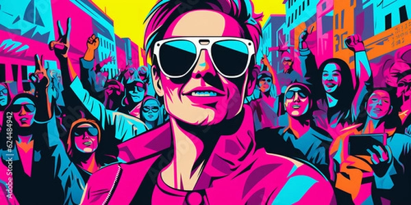 Fototapeta Influencer selfie, vibrant pop art style, heavy contrast, bold outlines, influencer in the foreground with a crowd of followers in the background, colorful
