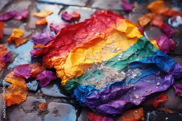 Fototapeta close-up of a crumpled  and dirtied LGQT pride flag on the ground in the aftermath of a parade 