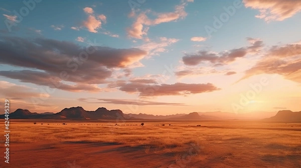 Obraz Kinematyczny afrykański krajobraz. Sahara Grasslands. Wschód nad równinami pustynnymi. Widoki safari, generatywne AI
