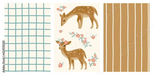 Fototapeta Pattern and print set with deer and floral. Vector illustration