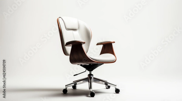 Fototapeta He sits in a modern office chair against a clear white background, deep in thought.