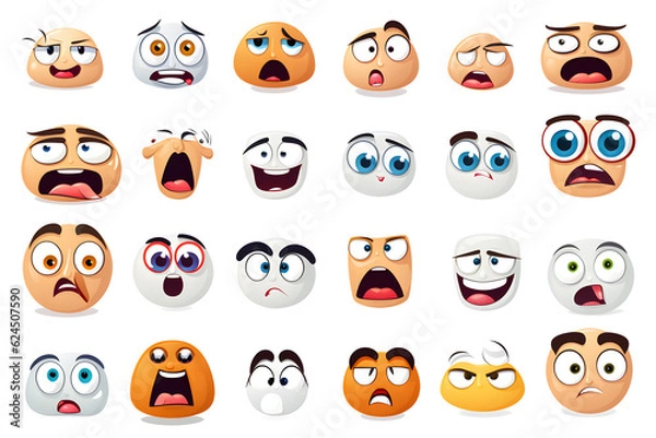 Fototapeta Assortment of expressive cartoon face designs on a white backdrop