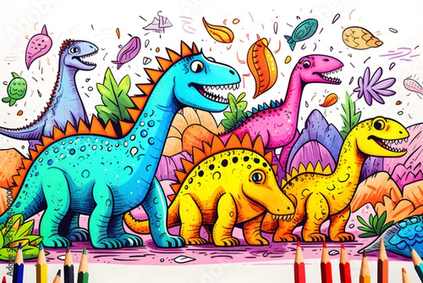Fototapeta Colorful dinosaurs in a lively prehistoric setting