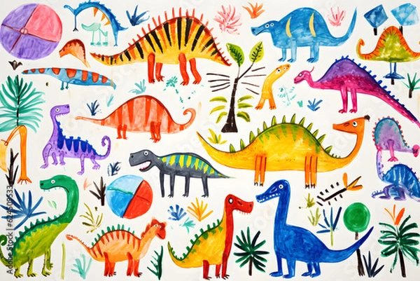 Fototapeta Dinosaurs painted by children