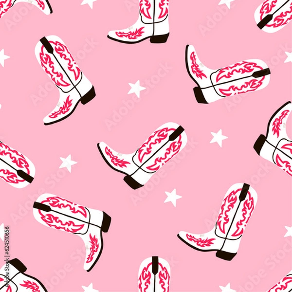 Obraz Seamless pattern with cowboy boots and stars. Western style. Vector illustration. Pink background
