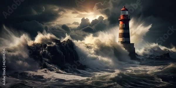 Fototapeta AI Generated. AI Generative. Nautical marine navy landscape with lighthouse on rock coast line with huge waves. Sea adventures vibe