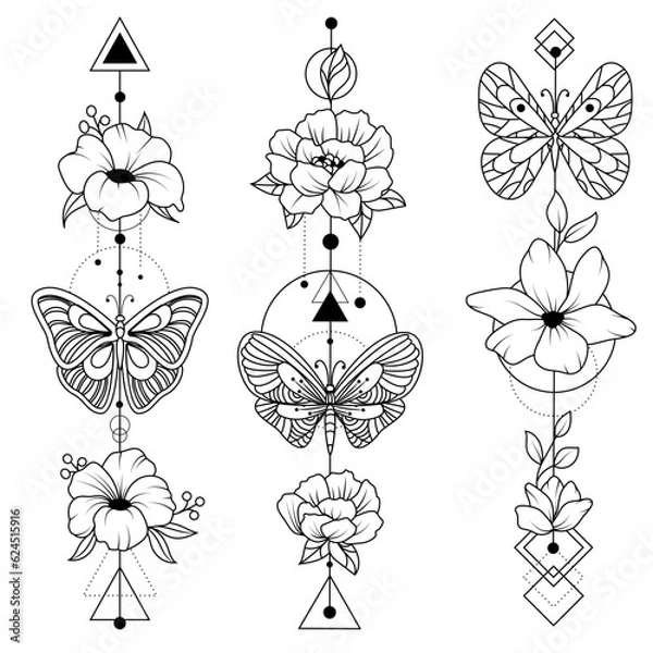 Fototapeta Set of arrows with flowers, branches with leaves, feather arrow, simple doodle drawing, gravure style. Butterfly flutters. Tattoo all over the body. Coloring book.