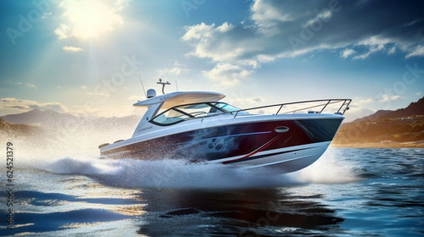 Fototapeta motorboat at sea on a sunny day. Generative Ai. 