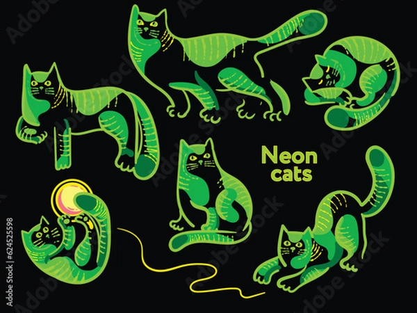 Fototapeta Neon Cats vector seamless background (different poses)