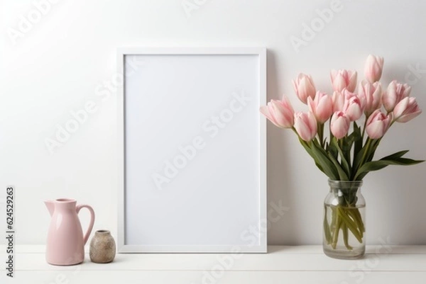 Fototapeta Mockup frame, A white frame complements a pristine white photograph, showcasing the allure of simplicity. Generative AI