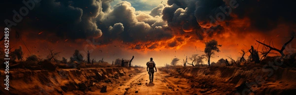 Fototapeta Rear view of a lonely soldier walking by the road. Military man goes by the land devastated by war. Burnt trees and heavy clouds at backdrop. Generative AI.