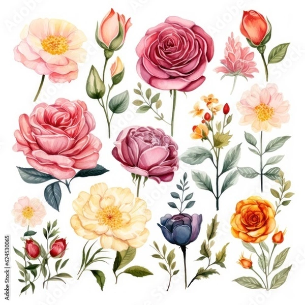 Obraz Beautiful Watercolor Clipart Roses and Daisies Elements AI Generated