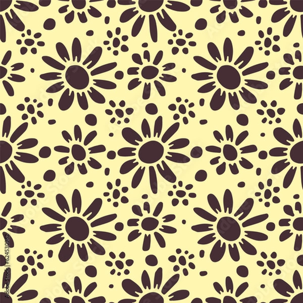 Fototapeta Seamless pattern with retro flowers. 70s style monochrome floral background