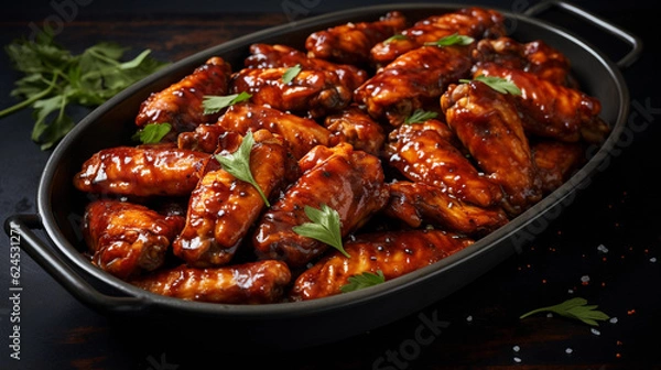 Obraz A tray of golden-brown chicken wings, glazed with a sticky barbecue sauce