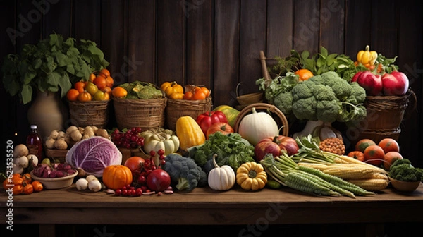 Obraz A rustic wooden table adorned with a variety of freshly picked fruits and vegetables