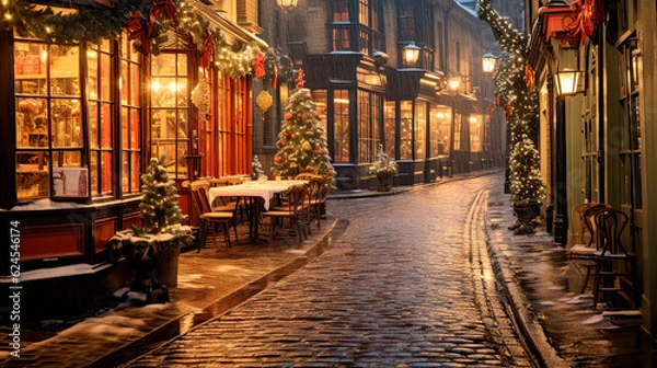 Fototapeta Street Decorated for Christmas in England in the 1900s - Generative AI