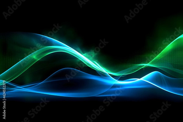 Fototapeta vibrant blue and green high speed glowing light lines on black background, generative ai 