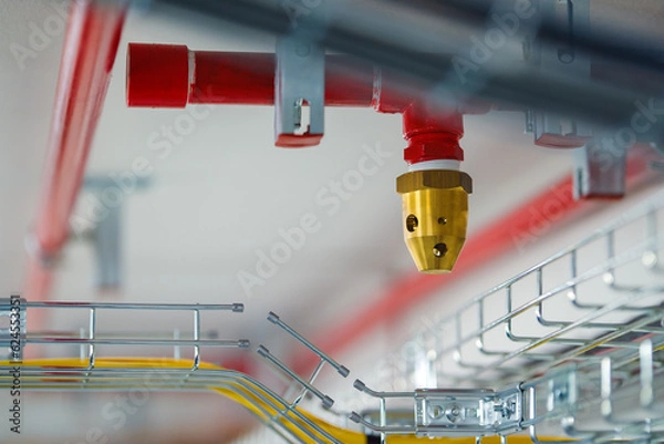 Fototapeta Clean agent fire suppression system used in data centers, backup battery rooms, electrical rooms (under 400 volts), sub-floors or tape storage libraries. Fire safety concept.