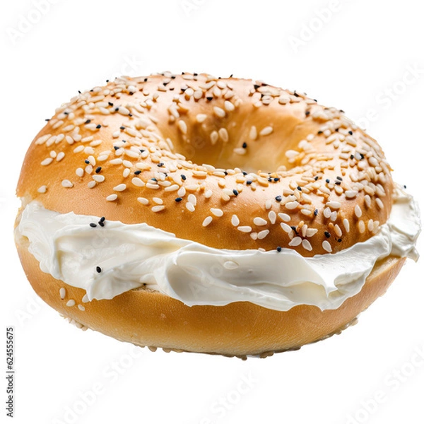 Obraz a delicious bagel with cream cheese, baked to perfection,  breakfast Food-themed, photorealistic illustration in a PNG, cutout, and isolated. Generative AI