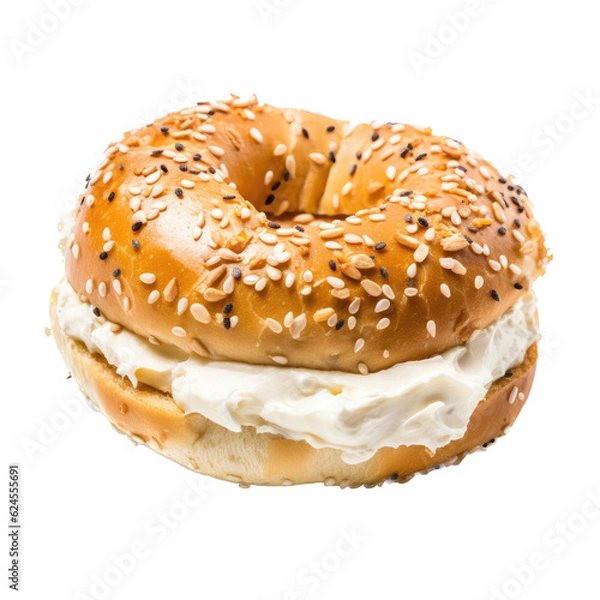 Obraz a delicious bagel with cream cheese, baked to perfection,  breakfast Food-themed, photorealistic illustration in a PNG, cutout, and isolated. Generative AI