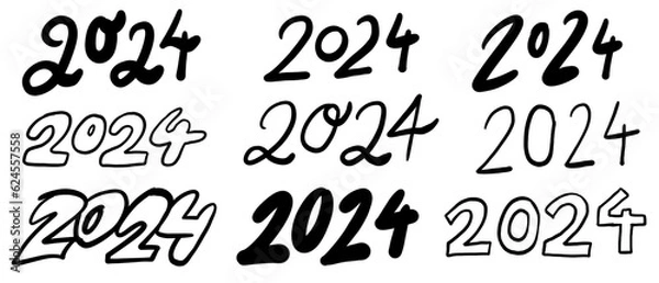 Fototapeta Hand lettering, brushstroke, handwritten design for a 2024 calendar, greeting card
