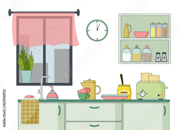 Fototapeta Kitchen interior with window and cooking products. Toaster with bread. a jar of honey, plates and miscellaneous utensils, cupboards, jars of spices and cereals, kitchen accessories. Vector flat linear