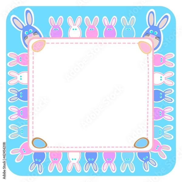 Fototapeta Blue frame with Easter rabbits and eggs