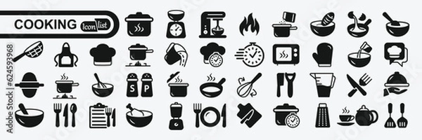Obraz Cooking and kitchen icon collection .Cooking book, frying time, hot pan. vector silhouette