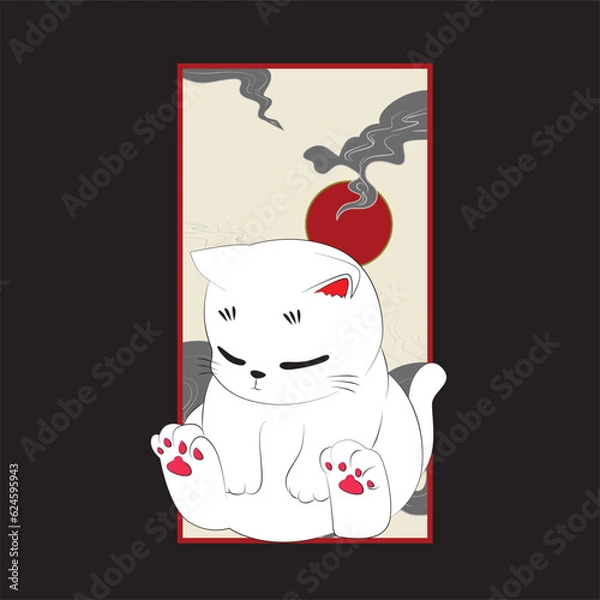 Fototapeta cat illustration with japanese style for kaijune event, notebook, logo