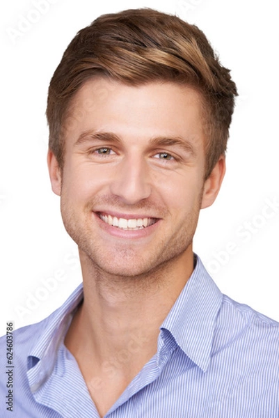 Fototapeta Business man, portrait and smile with work confidence and professional career from Sweden. Male employee, happy face and a web data consultant with job isolated on a transparent, png background
