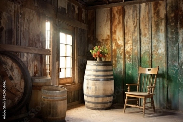 Fototapeta barrel with chipping paint in a historic barn, created with generative ai