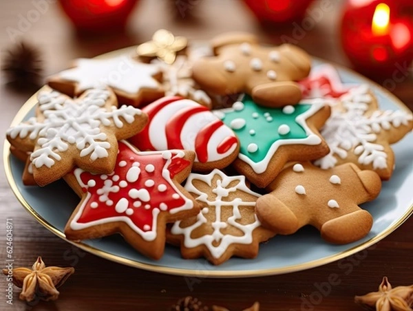 Fototapeta A bunch of freshly baked tasty colorful homemade Christmas cookies on a plate. Generative AI