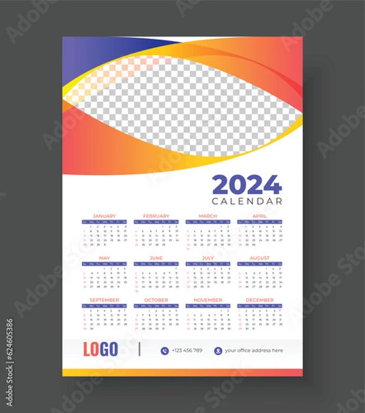 Fototapeta Print Ready One Page wall calendar template design for 2024. Wall Calendar 2024 Template Design. Print Ready One Page wall calendar template design for 2024