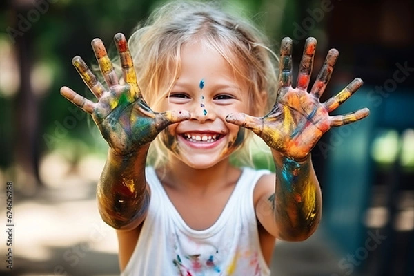 Fototapeta portrait of a funny child girl shows hands dirty with paint. AI Generated
