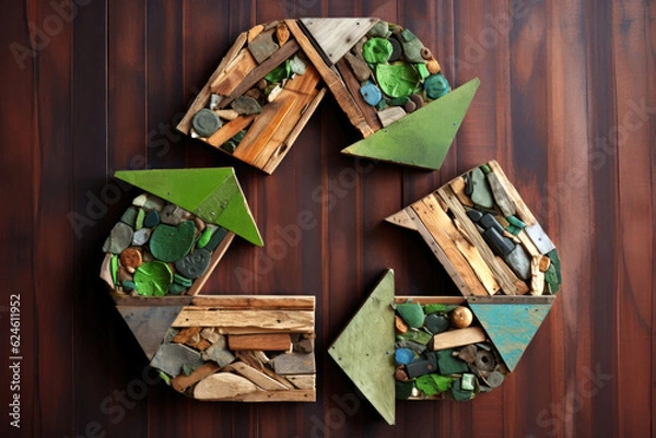Fototapeta Recycle symbol made of recycling materials. Generative AI