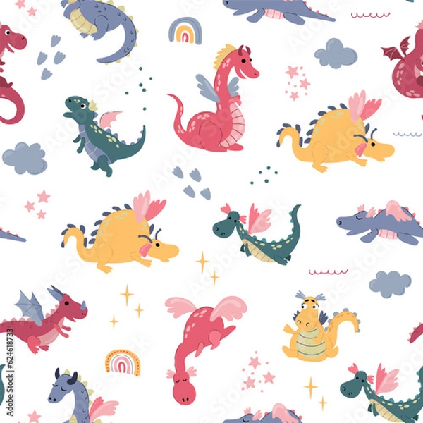 Fototapeta Seamless pattern with cute hand drawn dragons. Design for fabric, textile, wallpaper, packaging.
