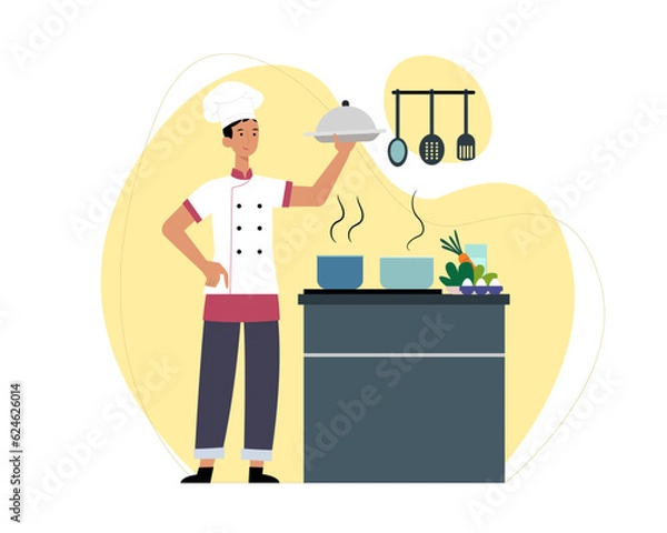 Fototapeta Cook in white suit and bonnet standing near stove with pots of soup. Process of cooking delicious food in restaurants with kitchen utensils concept. Flat vector illustration in cartoon style