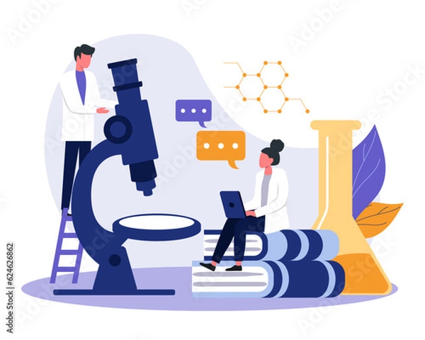Fototapeta Young male in white coat examine DNA structure with microscope. Female typing results on laptop. Analysis and testing in laboratory. Flat vector illustration in blue and yellow colors