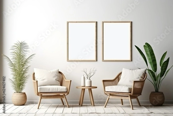 Obraz Empty frame mockup in modern minimalist interior with plant in trendy vase on white wall background, Template for artwork, painting, photo or poster, ai generative
