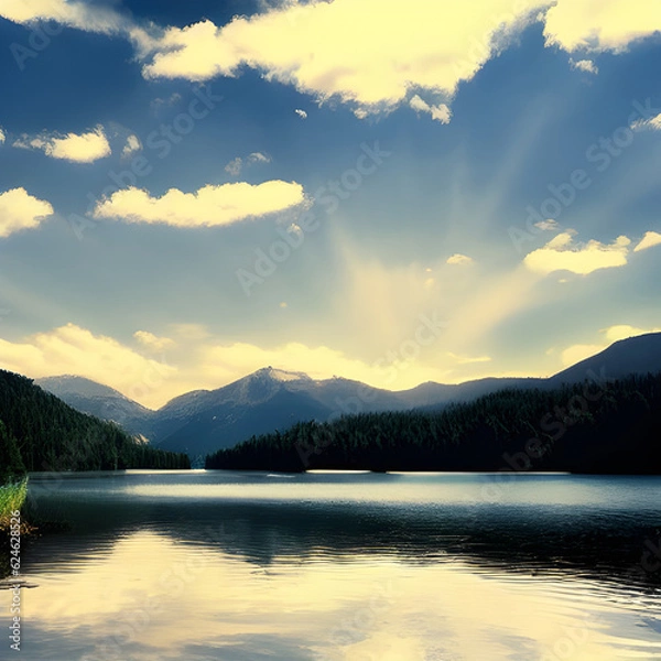 Fototapeta 해가 돋는 산과 호수