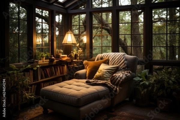 Fototapeta Cozy Reading Nook In Living Room, Generative AI.